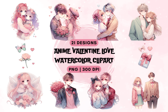 Anime Valentine Love Watercolor Clipart for Crafts