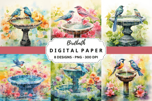 Birdbath Watercolor Digital Paper for Background Design