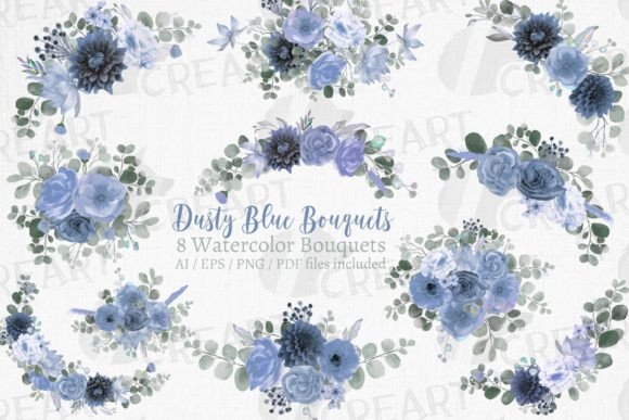 Dusty Blue Floral Bliss Bouquets Graphic for Print Templates