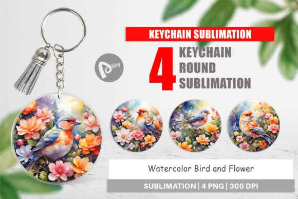 Keychain Watercolor Bird and Flower for Crafts
