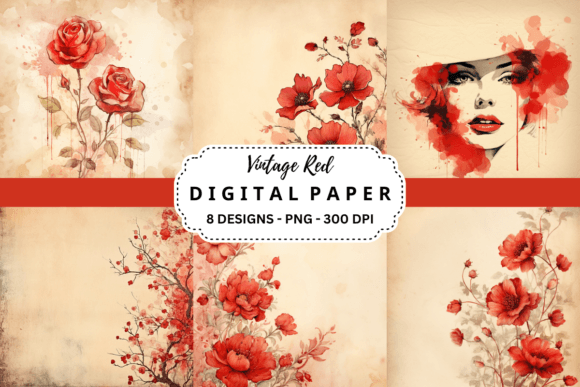 Vintage Red Watercolor Digital Paper for Backgrounds