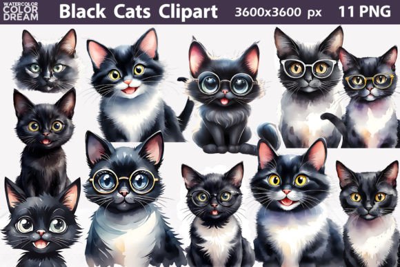 Watercolor Black Cats Clipart for Crafts & Handmade Business Projects