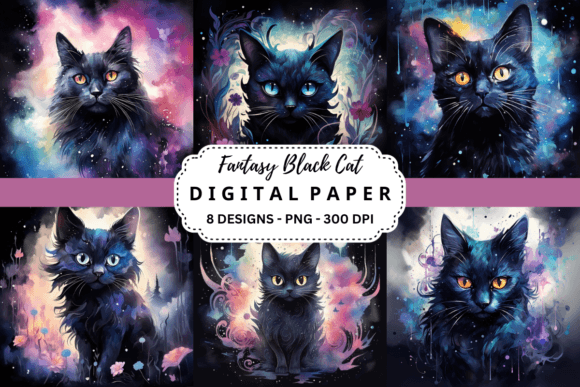 Watercolor Fantasy Black Cat Background for Digital Backgrounds