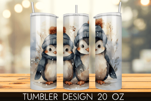 Watercolor Penguin Tumbler Sublimation Design for Print Templates