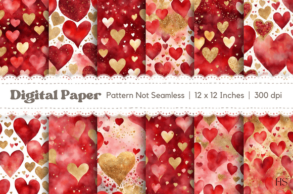Watercolor Red Gold Hearts Backgrounds for Local Branding