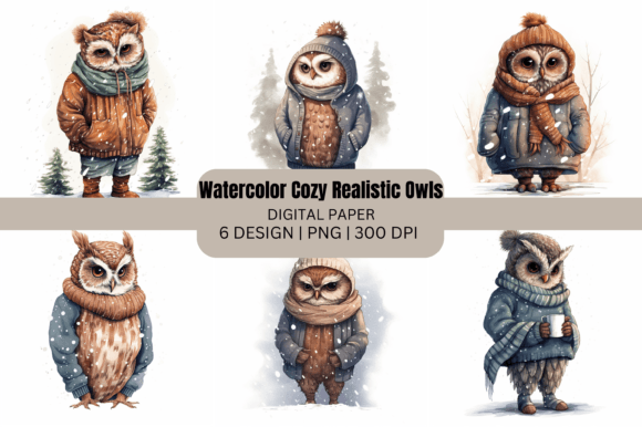 Watercolor Winter Cozy Realistic Owl Backgrounds for Digital Sellers